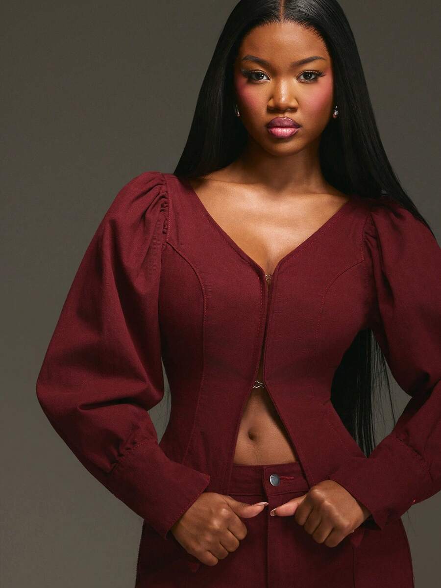 NYA SZN Katie Top Denim Long Balloon Sleeve Off The Shoulder Corset Detail Special Occasion Event Brunch Night Out Date Romantic Holiday Light Dark Wash Fall Winter Statement Festival Carnival Outfits For Women - Purple - View 1