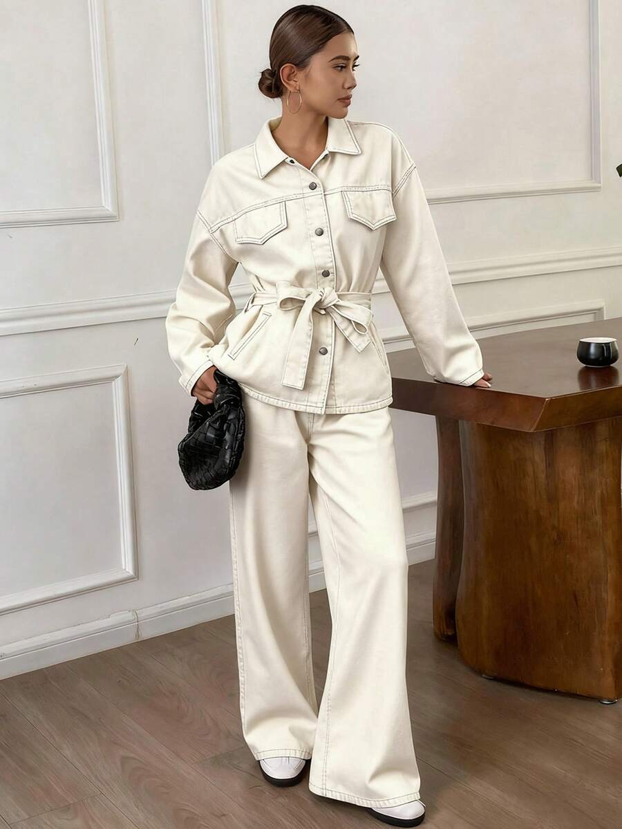 DAZY 秋冬新款宽松休闲做旧洗水收腰女式牛仔套装