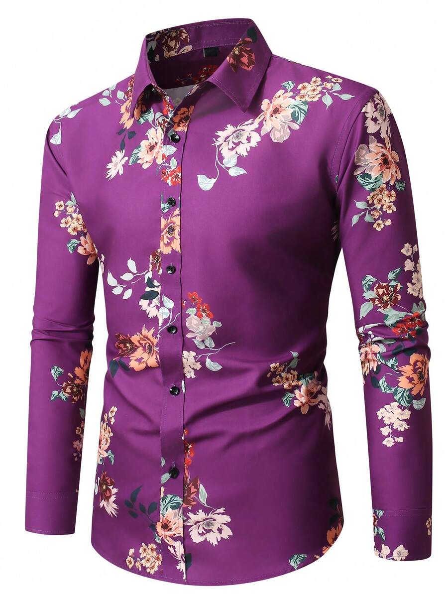 Manfinity AFTRDRK 男士印花长袖单排扣休闲衬衫 - 紫色 - 查看 1