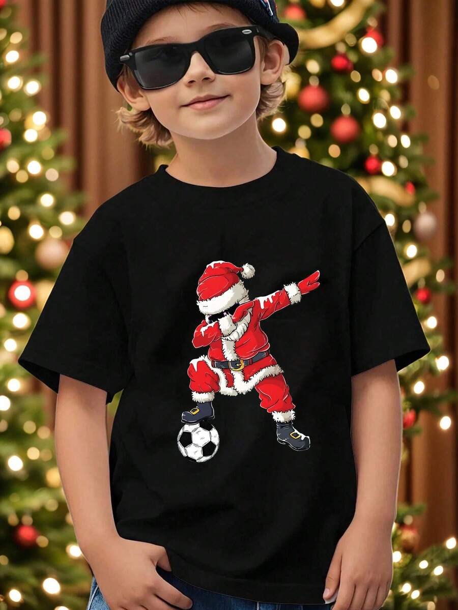 Merry Christmas Tween Boys Cartoon Santa Claus Hand Gesture Print Graphic Tee, Cute & Fashionable, Versatile For All Seasons, Suitable For Christmas Party - Black - View 1