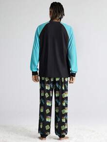 SCOOBY-DOO X SHEIN Men's Cartoon Pattern Contrast Color Raglan Sleeve Top And Pants Pajama Set, Autumn, Fall & Winter Clothes - Black - View 2