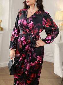 Reflora 加大码 V 领裹腰长袖灯笼袖印花缎面长裙，优雅浪漫，适合派对和聚会 - 彩色 - 查看 4