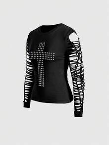 ROMWE Grunge Punk Y2K Punk Kpop Cross Rivet Design Sleeve Burnout Hollow Out Fitted Long Sleeve T-Shirt, Solid Color Versatile - Black - View 5