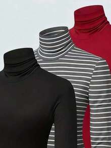 INAWLY Plus Size Solid Color & Striped Print Turtleneck Fitted Long Sleeve T-Shirt - Multicolor - View 3