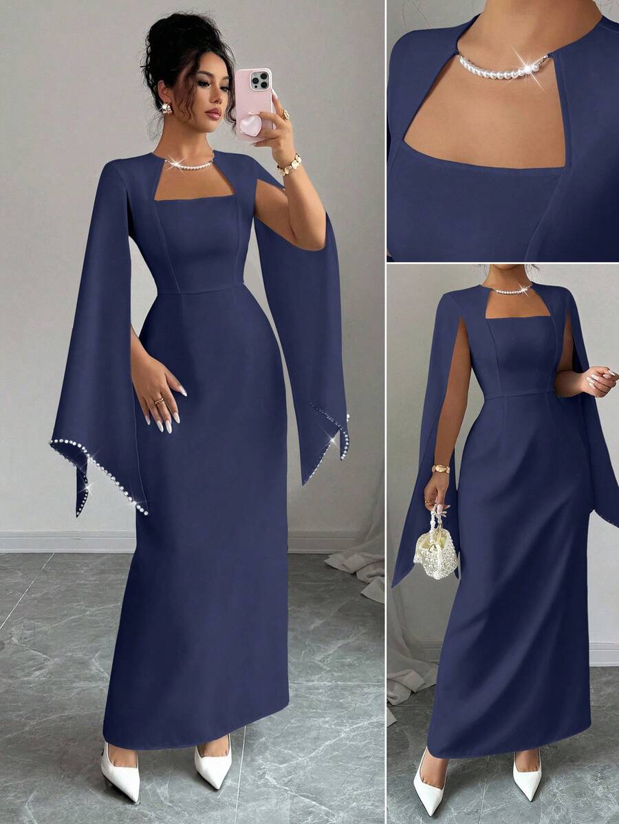 Elenzga 女士优雅方领收腰直筒连衣裙，袖口饰有珍珠链，适合婚礼、派对、音乐节等场合。 - 藏蓝色 - 查看 1