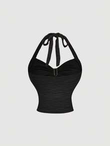 SHEIN MOD 2pcs/Set Women Jacquard Halter Top And Skirt - Black - View 7