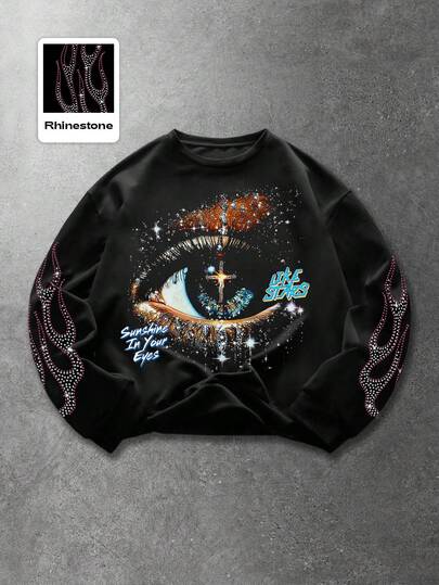 Street Life Sweat-shirt-shirt ample pour hommes avec imprimé étincelant de flamme et de diamant