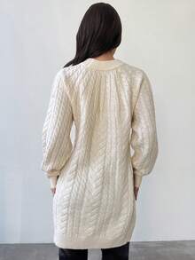 Firerie Women's Cream White Cable Knit Lantern Sleeve Sweater Dress,Elegant Crew Neck Mini Dress For Autumn,Casual Brunch,Work Outfit,Cozy Winter Clothing - Apricot - View 8