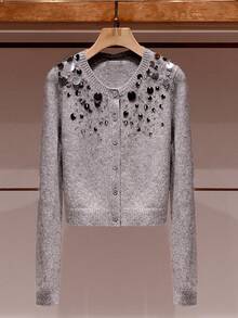 SHEIN Frenchy 秋冬新款奢华亮片开衫夹克，灰色 - 灰色 - 查看 1