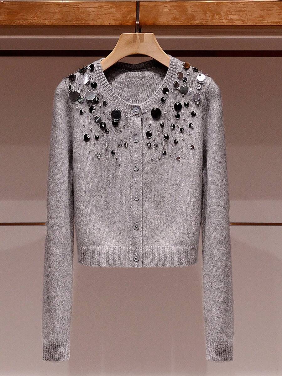 SHEIN Frenchy 秋冬新款奢华亮片开衫夹克，灰色 - 灰色 - 查看 1