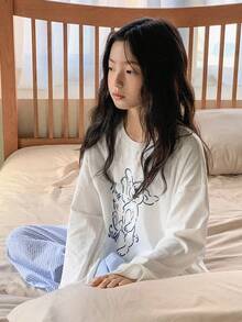 DAZY 2件套/套 少女圆领针织印花长袖T恤+条纹长裤家居服套装，秋季 - 藍色 - 查看 1