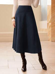 Modelyn Rok Panjang Elegan Model Mengembang Bahan Suede Imitasi Warna Polos untuk Wanita - Biru - View 4