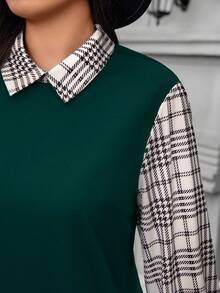 SHEIN LUNE 大码女式秋冬格子图案撞色袖衬衫领长袖休闲连衣裙感恩节装扮节日派对连衣裙女式派对连衣裙 - 綠色 - 查看 5