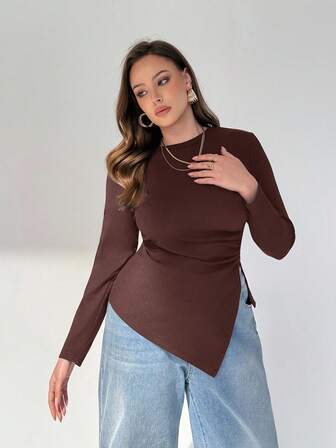 Auralis Plus Size Women's Spring And Autumn Fashion Casual Comfortable Daily Irregular Hem Brown Slim Top,Fall Clothes,Going Out Tops,Curve Tops/Winter