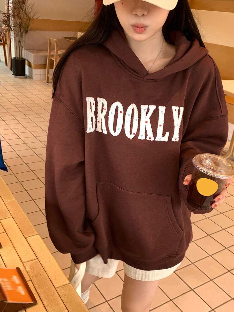 Women's Letter Print Drop Shoulder Long Sleeve Pocket Casual Sweatshirt, Autumn/Winter Hoodies