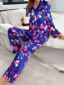 Bowknot Faux Silk Lapel Cardigan Long Sleeve Top & Pants Pajama Set, Fall & Winter Clothes - Multicolor - View 3