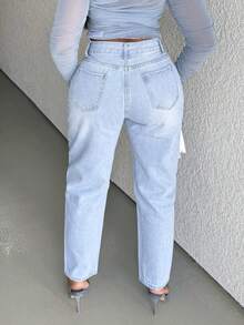 Alexandranx High Waist Mom Fit Jeans,Ladies Casual Button,Pocket,Zipper High Waist Tapered/Carrot Long Medium Wash Cotton Mom Fit Regular Fit Women Jeans,Spring/Fall,Casual Daily Wear ,Petite Women - Medium Wash - View 2