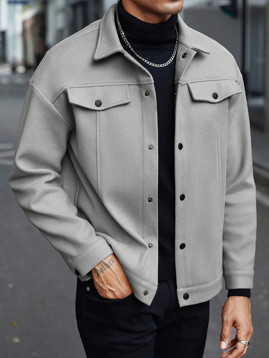 Manfinity Homme Men's Long Sleeve Solid Color Casual Overcoat For Autumn/Winter - Light Grey - View 1
