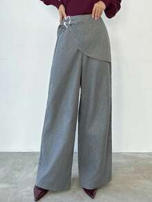 Firerie Calça feminina cinza de cintura média, elegante e versátil, para uso diário, com fivela metálica. Ideal para outono/inverno, aeroporto, trabalho e ocasiões formais. - Cinza - Ver 5