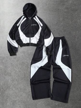 Street Life Men's Contrast Color Patchwork Hoodie And Sweatpants Set