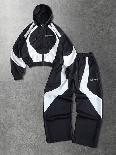 Street Life Men's Contrast Color Patchwork Hoodie And Sweatpants Set