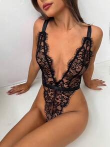 Aloruh 一件式 - 女士深V领蕾丝性感抹胸连体连衣裙（无绳款）女士性感蕾丝内衣连体连衣裙，适合秋冬季节，黑色，圣诞节、情人节、新年、派对和活动穿着，可搭配多条内衣穿着 - 黑色 - 查看 5