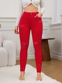 SHEIN Essnce 女式纯色修身单扣高腰破洞牛仔裤 - 紅色 - 查看 5