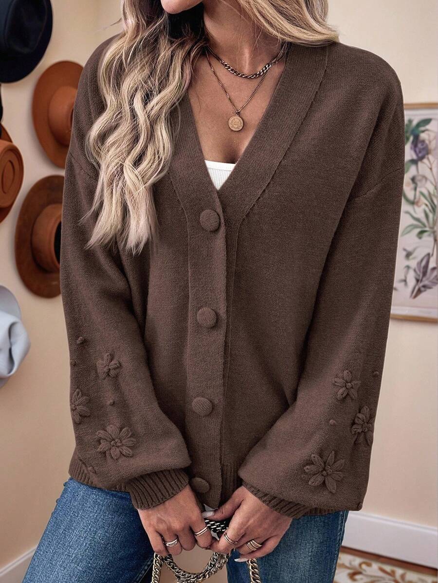 LanaWest Nuevo estilo europeo y americano Suéter suelto y casual para mujer, Cardigan de punto con flores hecho a mano a la moda, Para otoño/invierno, Blusa de manga larga - Café integral - Ver 1