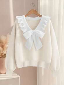 GlowEve CURVE Suéter de cuello en V elegante con volantes y lazo de manga larga para tallas grandes - Beis - Ver 1