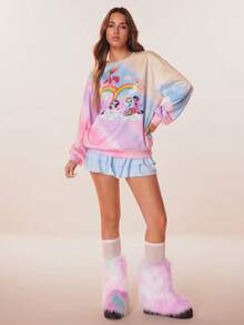 My Little Pony X SHEIN 女士休闲渐变马匹印花圆领落肩卫衣，秋季 - 粉色 - 查看 5