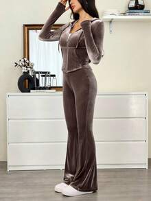 SHEIN Tall Set de 2 buc. pentru femei, top cu glugă și fermoar și pantaloni skinny de culoare solidă - Maro - Vizualizare 1