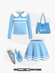 JNSQ Young Girl 2pcs Set, Collared Long Sleeve T-Shirt Paired With Mini Skirt, Suitable For Autumn/Winter Daily Wear, Outdoor Activities, Vacation, Streetwear, Party And Casual Fall