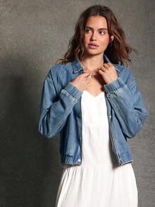 WESTFADE Collared Snap Button & Zipper Front Relaxed Cotton Blend Denim Cropped Bomber Jacket Back To School Cute Fall Clothes Summer Country Concert - Dark Wash - View 4