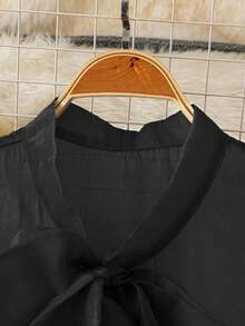 Rometta Plus Size Women's Pearl Beaded Bowknot Flare Sleeve Blouse - Black - View 4