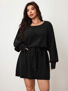 Enliva 罗纹针织腰带连衣裙，秋冬休闲女装，适合圆润身材，适合苹果型圆润身材/2026/新年 - 黑色 - 查看 3