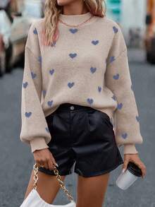 EMERY ROSE Heart Pattern Lantern Sleeve Sweater, Casual Autumn/Winter - Apricot - View 4