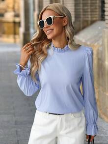 SHEIN Clasi Elegante Damenbluse mit blau-weißen Streifen und Mandarin-Kragen, Rüschenärmeln im französischen Stil, langärmliges vielseitiges Herbst-Büro-Basisshirt - Blau - Übersicht 6