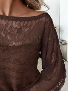 SHEIN Clasi 女士蕾丝边拼布套头衫 - 棕色 - 查看 3