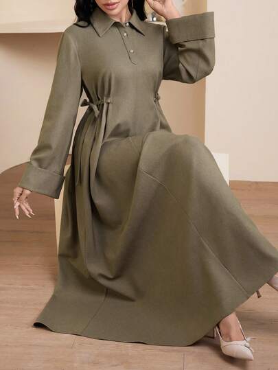 Veilorie Vestido árabe de manga acampanada, cuello polo y cintura con lazo, dunicolordo y estilo casual para uso diario y trayectos, primavera/otoño