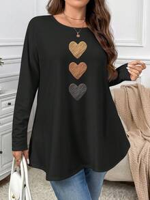 Firerie Ombre Heart Texture Print Casual Minimalist Round Neck Plus Size T-Shirt, Autumn/Winter - Multicolor - View 3