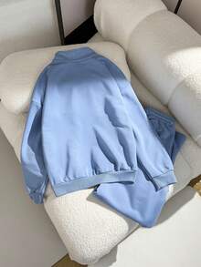 SHEIN 两件套少女休闲套装，包括一件宽松版型的长袖拉链高领卫衣和一条阔腿裤，适合日常穿着和运动。 - 藍色 - 查看 2
