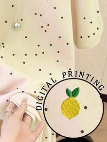 SHEIN Áo thun nữ cổ tròn tay ngắn họa tiết chấm bi thêu hoa quả - trắng - Xem 5