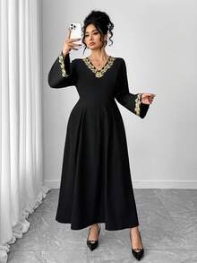 Elenzga Women's Elegant Gold Lace Trim V-Neck Long Sleeve Flare Dress - Black - View 1