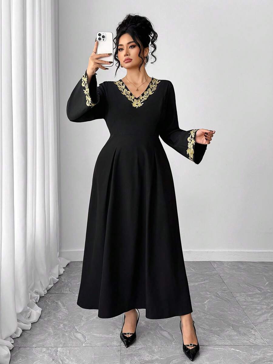 Elenzga Women's Elegant Gold Lace Trim V-Neck Long Sleeve Flare Dress - Black - View 1