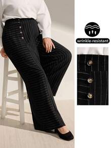 Momelise 大码女式条纹纽扣设计宽松阔腿休闲裤 - 黑色 - 查看 1