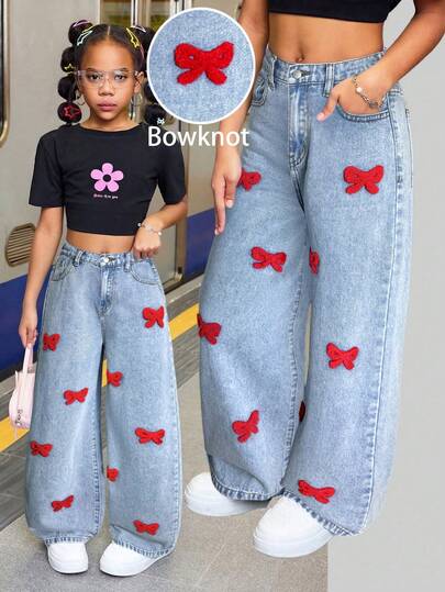 Tween Girls Fashion Casual Y2k Vintage Cool Street Returns To School College Cute Red Christmas Element Bow Towel Embroidery Pattern Blue Denim Loose Jeans For Tween Girl Clothes Tween Girls Soft Dailywear And Tween Girl Winter And Fall Rave Outfits Festival And Outfits Streetwear Clothes