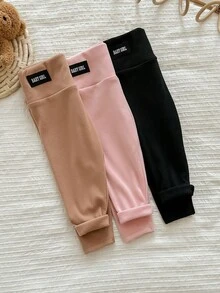 SHEIN LMoss 3件套女婴针织纯色字母印花套装，女婴下装，女婴裤子，女婴长裤，舒适秋冬款式，女婴服装 - 彩色 - 查看 4