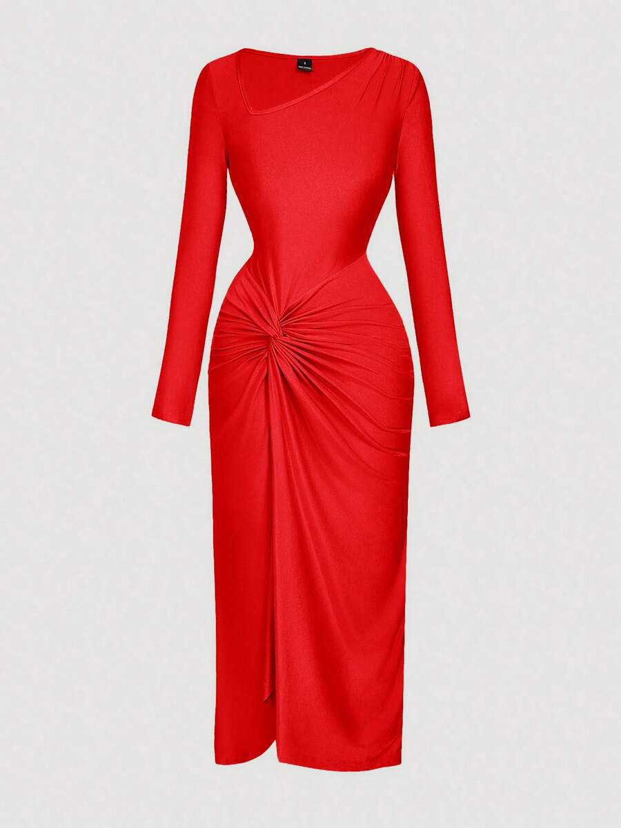 SHEIN MOD 纯色不对称领口褶皱扭结长裙 - 紅色 - 查看 1