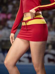 Menodora SHEIN Sport 女士撞色啦啦队运动裙裤 - 酒紅色 - 查看 3