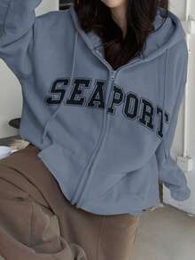 DAZY 女士字母印花宽松加厚抓绒卫衣，秋季连帽衫，女士秋季服装外套拉链款，冬季